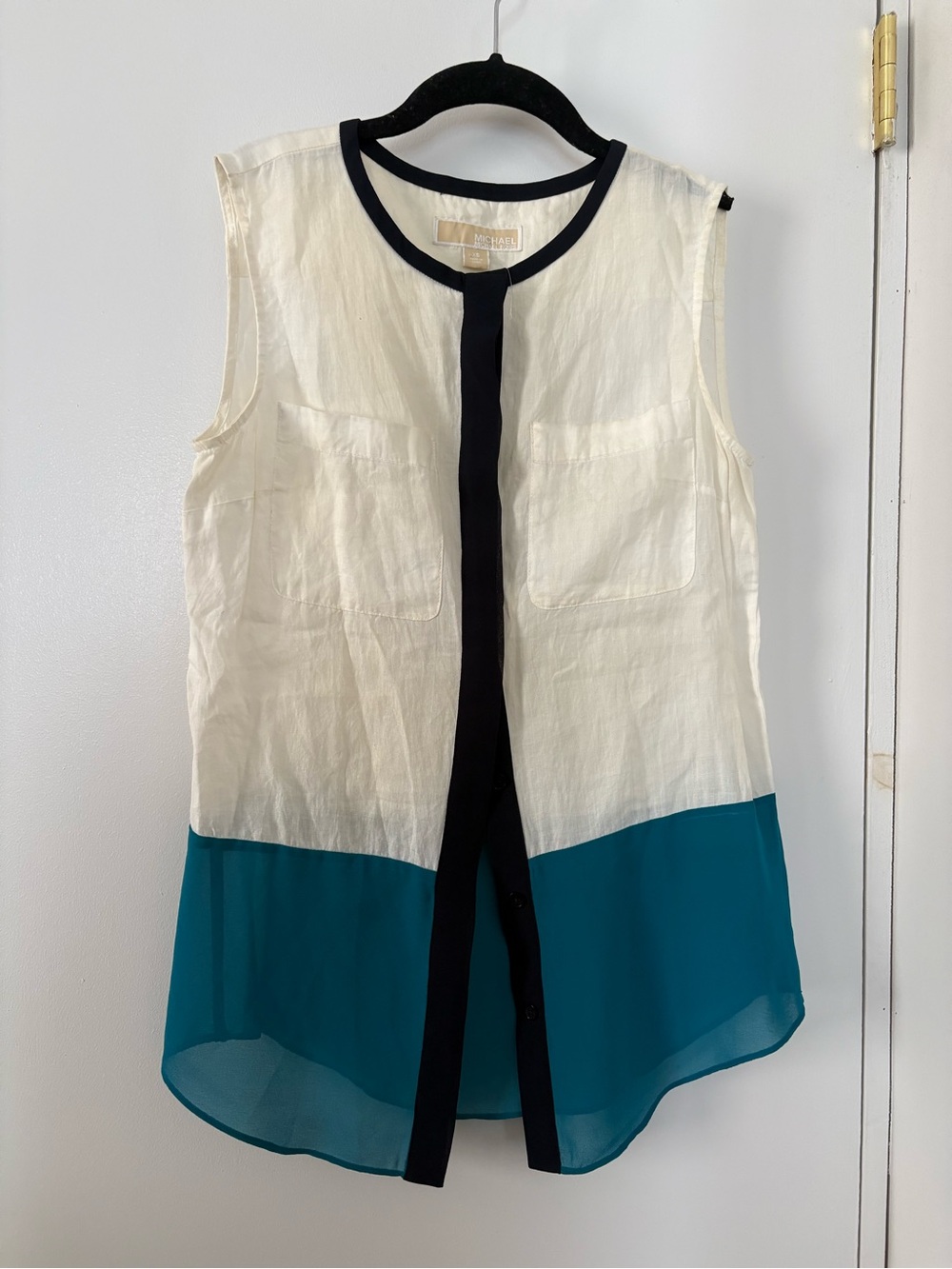 Michael Kors Sleeveless Colorblock Blouse with Teal Hem
